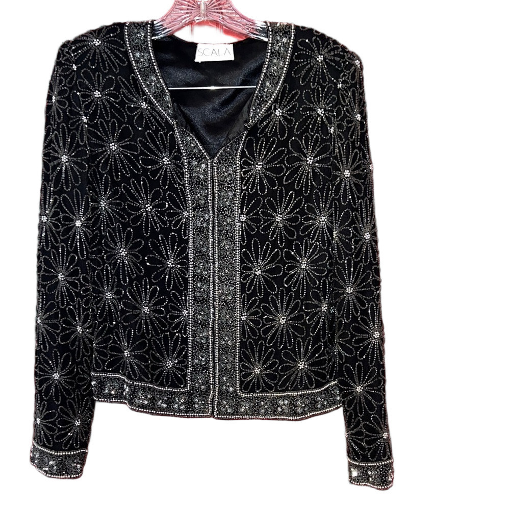 Vintage Scala Black Floral Daisy Beaded Jacket M